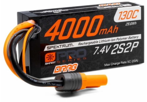 Spektrum 7.4V 4000mAh 2S 130C Smart LiPo Battery IC5 Drag Racing SPMXDRB1
