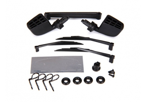 Traxxas Mirrors, side, Black (left & right) / o-rings (4 pcs) / windshield wipers, left, right, & Rear / wiper retainers (2 pcs) / Body clips (4 pcs) / 1.6x5 BCS (self-tapping) (3 pcs) TRX8817
